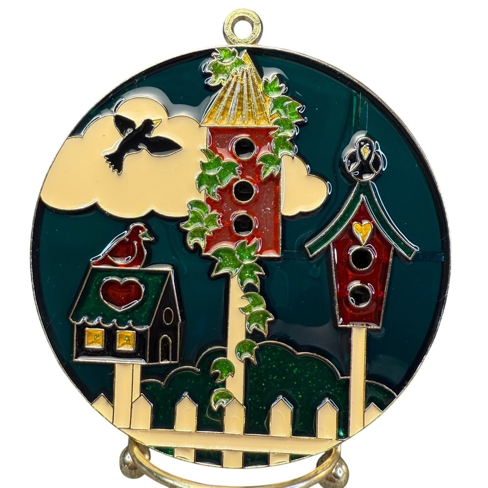 Vintage Birdhouse Suncatcher Stained‎ Glass Style Gold  Metal Bird Ornament 4"